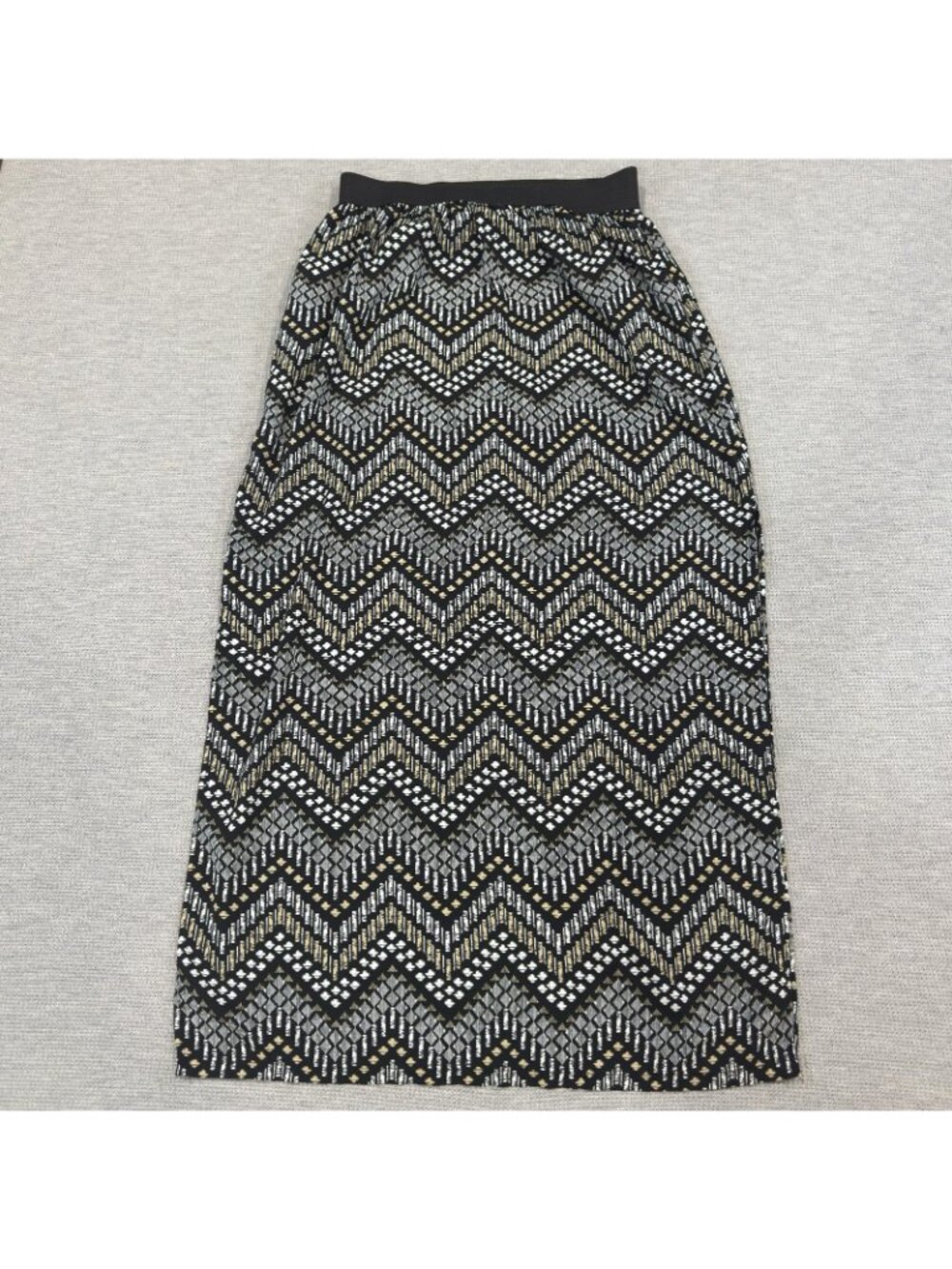 Discreet Maxi Skirt M Pull On Side Slits Elastic Waist Chevron Black Cream Tan - Picture 5 of 16